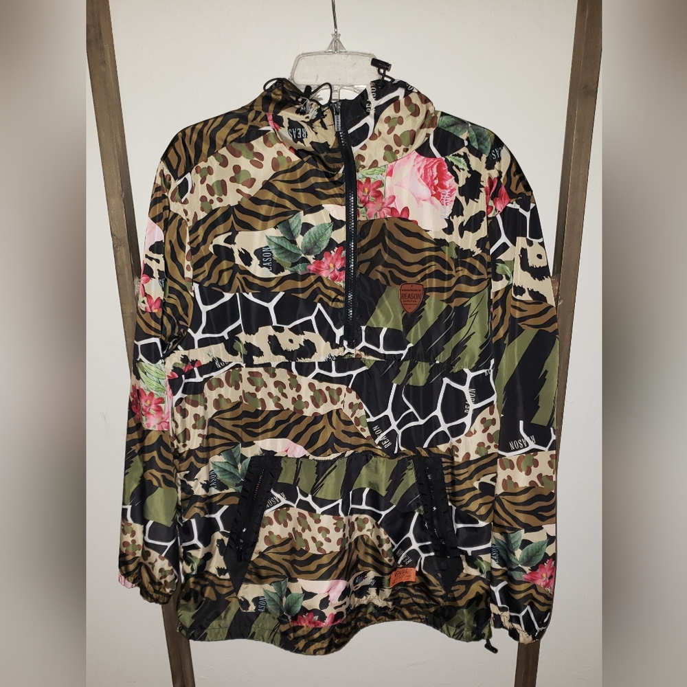 Animal Print Floral Hooded Woman Windbreaker Jacket Size L